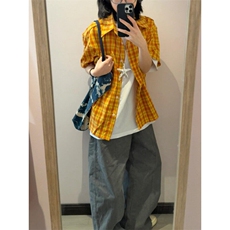 短袖格子衬衫夏季新款设计感小众宽松休闲男女款撞色衬衣C8255，男装T恤，星座1116A（原606A-3）