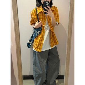 短袖格子衬衫夏季新款设计感小众宽松休闲男女款撞色衬衣 C8255图片