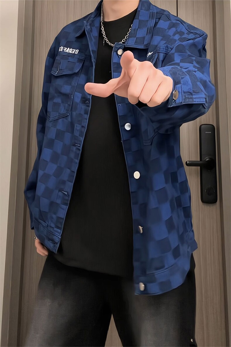 棋盘格翻领牛仔夹克美式复古风男春秋宽松外套JA3710-特价P55,男装夹克,电商A007