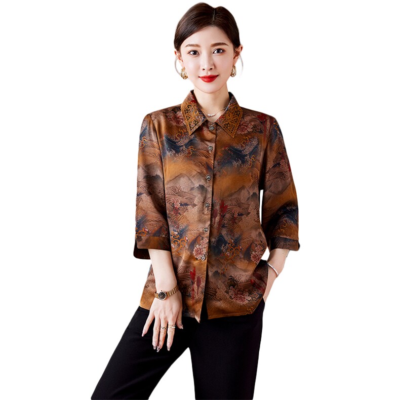 2023春夏新款真丝衬衫绣花领时尚优雅中老年高端喷绘品质上衣,女装衬衫,媚琳依坊