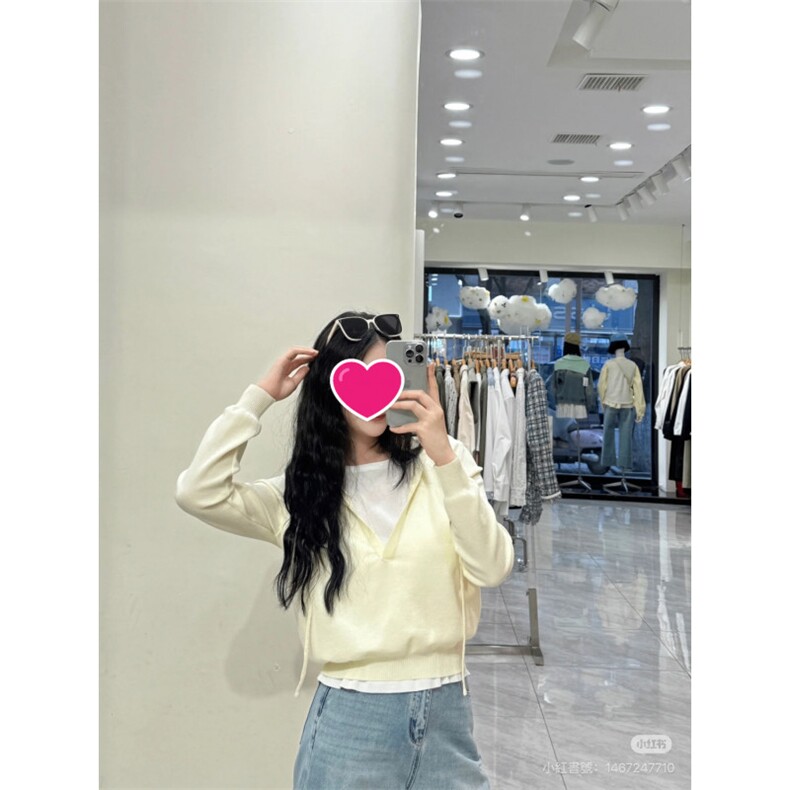 1506-1/QS9600/P44设计撞色假两件连帽针织女日系休闲慵懒风卫衣图片
