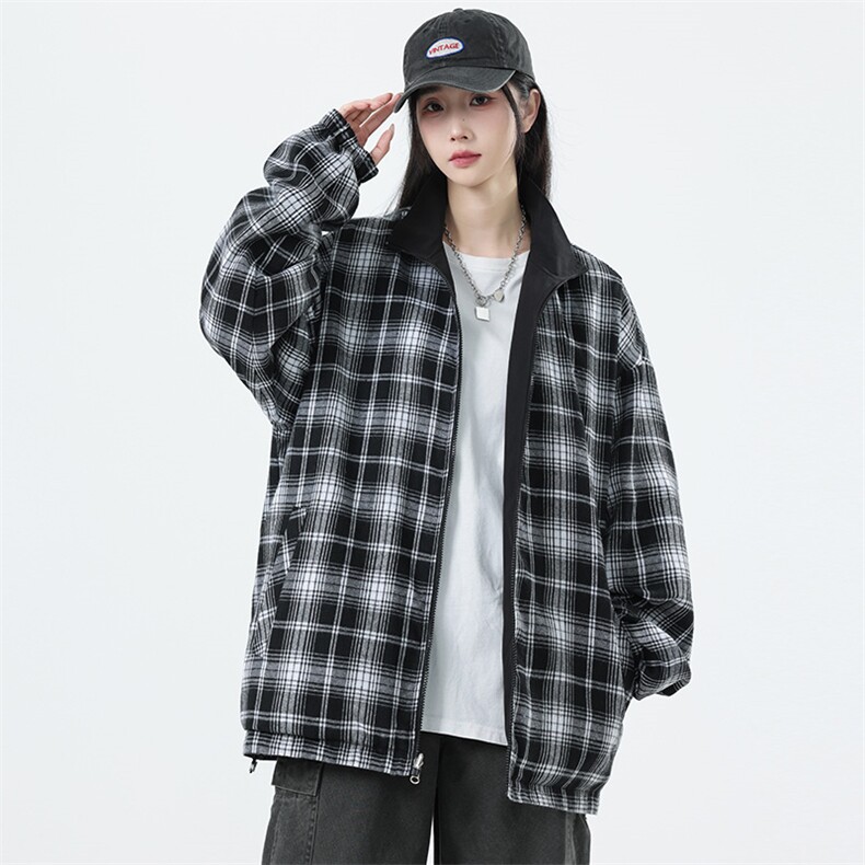 美式高街双面穿格子外套男女翻领痞帅防风潮流百搭夹克8511-P39,男装夹克,电商B306