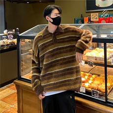 针织衫男韩版潮流条纹衬衫领帅2023冬季新款ins毛衣外套MZ131-P57，男装针织衫/毛衣，星座412-3