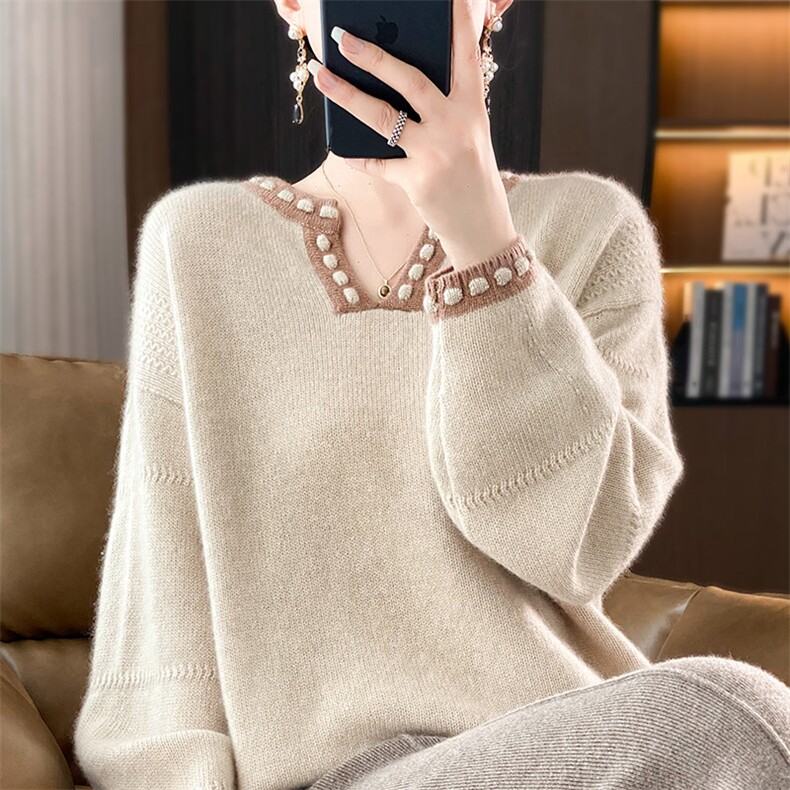 100%纯羊毛衫女V领拼色加厚针织毛衣宽松慵懒风羊绒衫长袖打底衫,女装羊毛衫,琳华羊绒