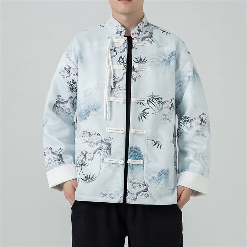 无影墙新中式风水墨竹子数码印花盘扣立领复古唐装外套JK97,男装民族服装,星座305A（原312A-1）