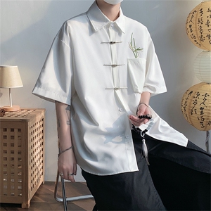 F238-P42 2024夏季新款宽松慵懒衬衫新中式翠竹刺绣衬衣男 现货图片