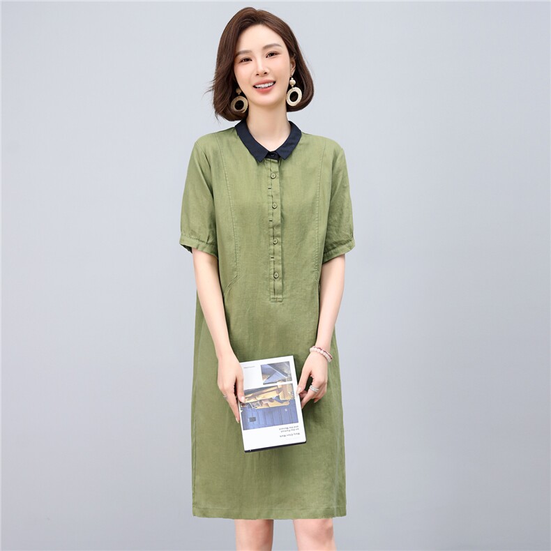 2025年夏季优雅气质天丝亚麻小翻领半开时尚休闲连衣裙,女装连衣裙,依恋蒂丝