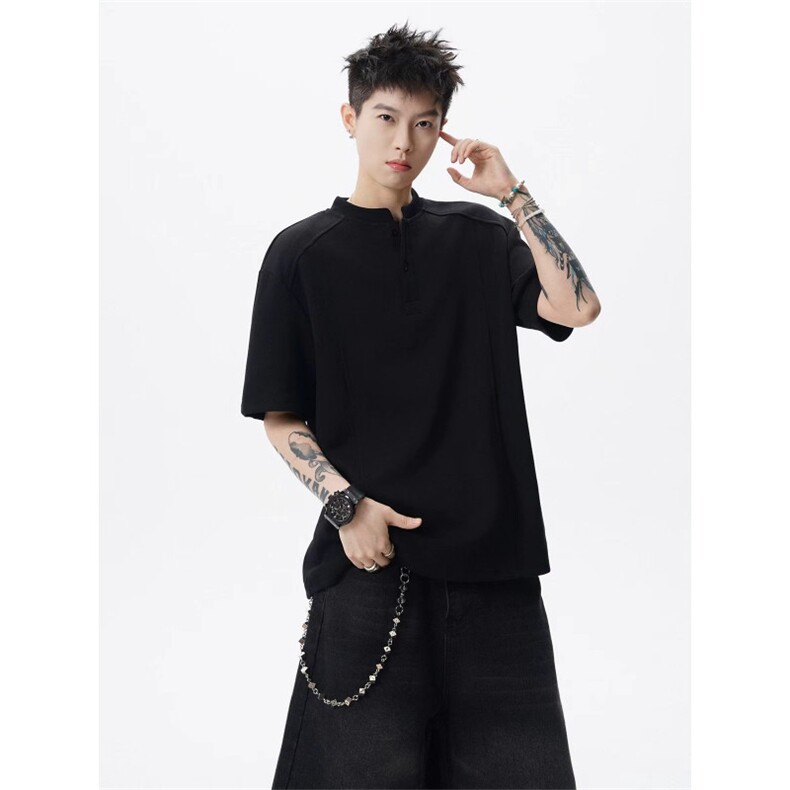 网图-夏季高街痞帅POLO衫正肩拼接男装短袖T恤大码上衣S430-特28，男装T恤，电商A233-1