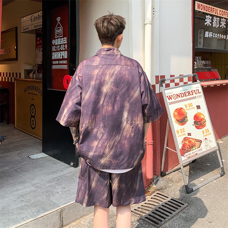 2025美式扎染印花冰丝凉感短袖碎花衬衫薄套装TZ5655/特P45黑3,男装T恤,电商A094