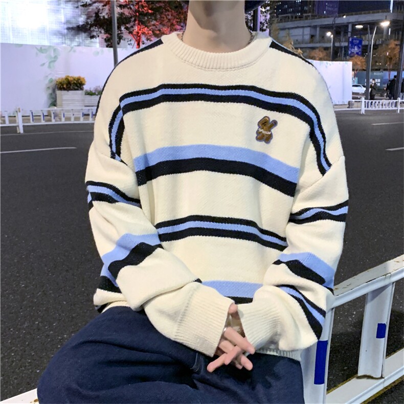 Q条纹毛衣男秋冬季港风ins潮流宽松慵懒风情侣针织线衣  M385-P40图片