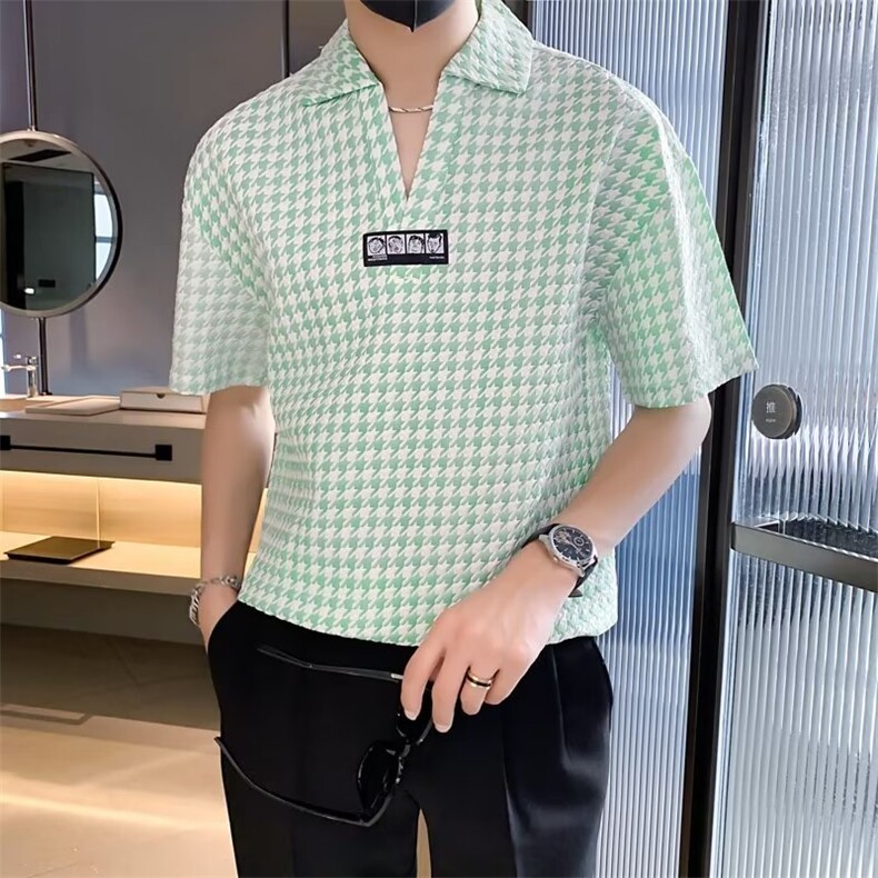 夏季POLO衫领短袖衬衫男设计感千鸟格冰丝半袖衬衣男装T恤T558,男装T恤,星座1116A-2（原606A-1）