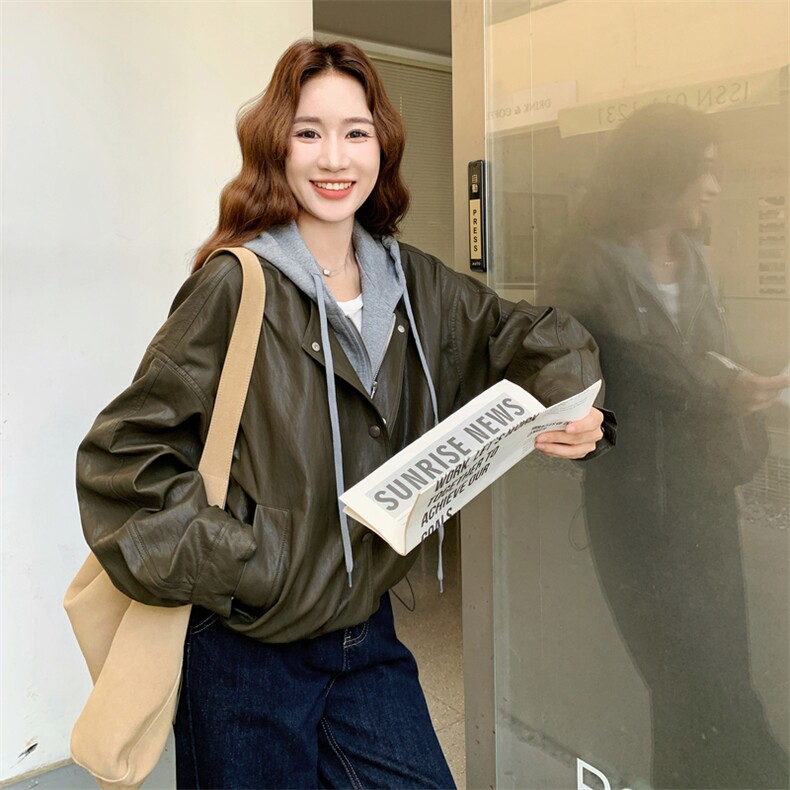 美式复古连帽假两件短款皮衣外套女春秋超火好看高级小众夹克上衣,女装短外套,2C170