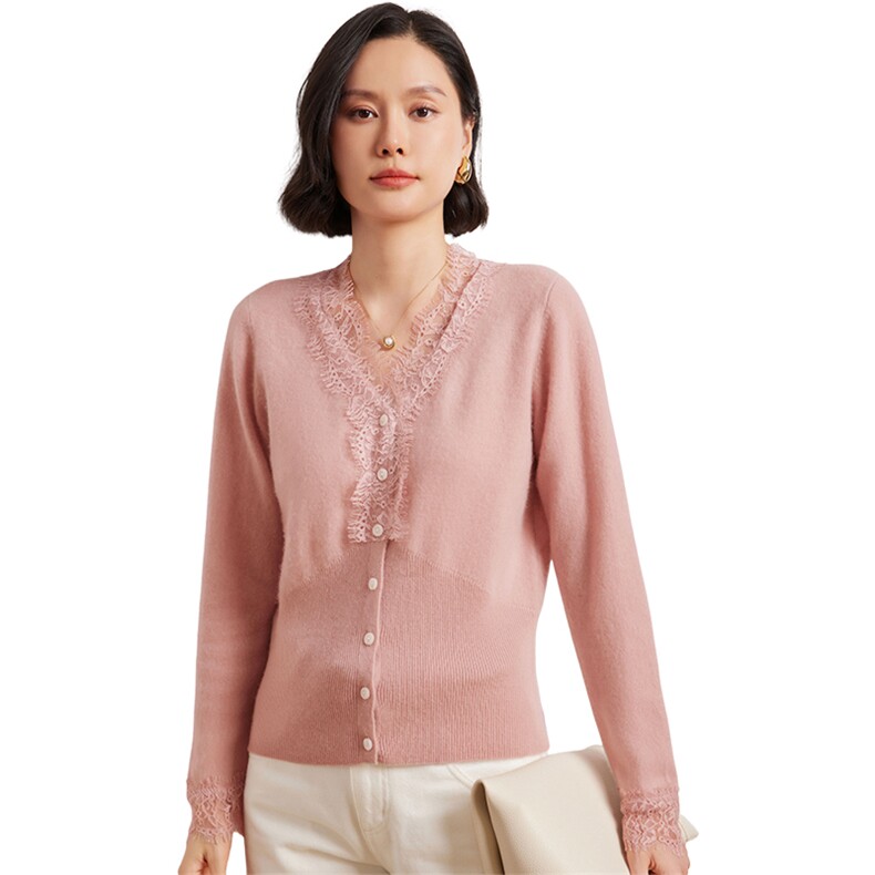 优雅女士V领蕾丝花边开衫显瘦百搭时尚外套,女装羊绒衫,臻维羊绒