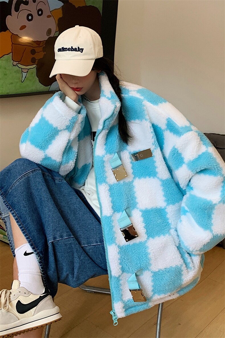 1冬季港风情侣羊羔毛棉衣男女棋盘格宽松外套女MY7535P135控178,女装棉衣/棉服,星座226-2