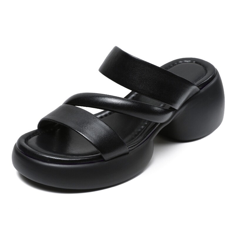 夏季粗跟踩屎感拖鞋女新款高跟真皮外穿一字拖懒人鞋松糕厚底凉拖,女鞋拖鞋,电商A223