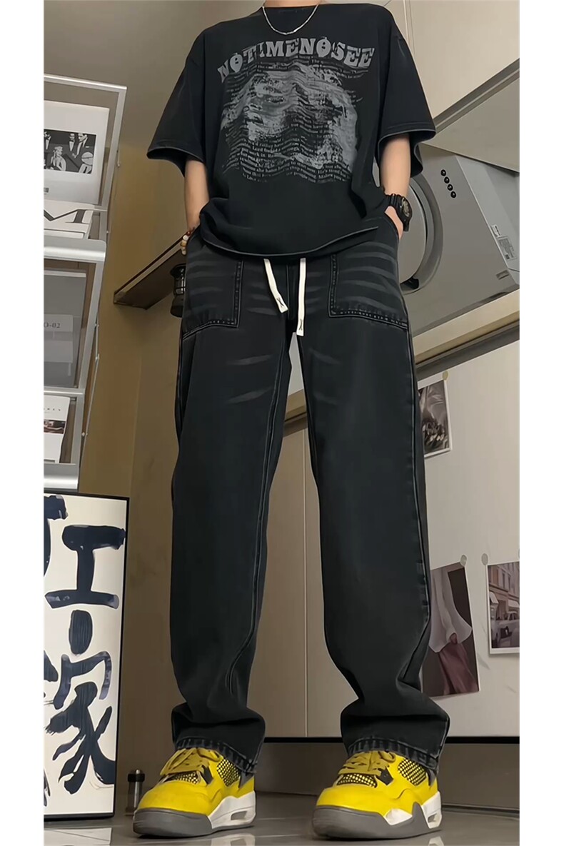 得物品质可二开宽松直筒松紧腰牛仔裤A439特P40,男装牛仔裤,电商A309