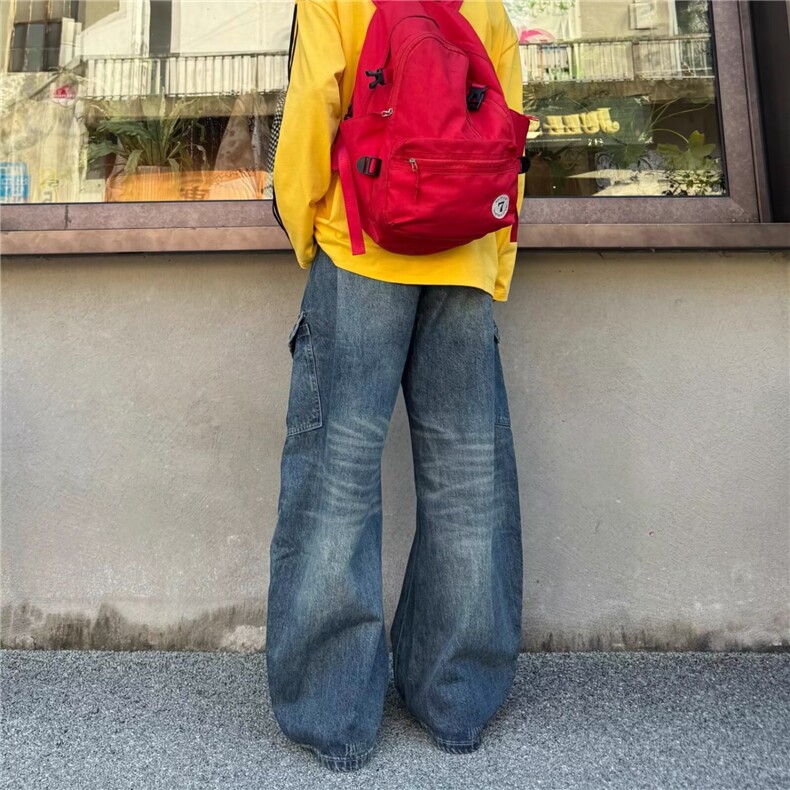 工装牛仔裤男宽松潮牌大码多口袋长裤男生直筒阔腿裤子潮,男装牛仔裤,星座410-7