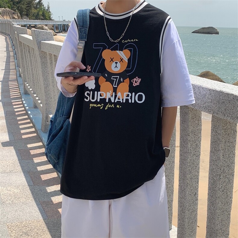 ins假两件拼接卡通印花短袖t恤男韩版夏季帅气体桖上衣
T324-P25,男装T恤,星座512-2