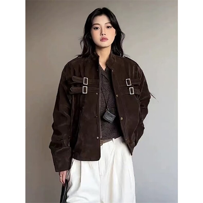 网图有货美式拼接设计麂皮绒外套男女宽松织带夹克A1046-P73,男装夹克,星座1505