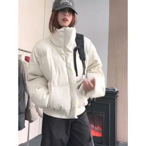 现货5W件冬季三防重磅硬挺boxy短款羽绒立领PU皮棉衣外套加厚棉服图片