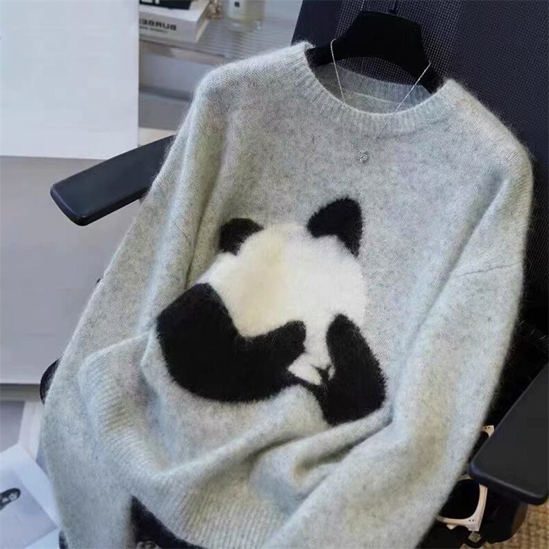 重磅加厚100%纯羊毛衫女圆领熊猫提花拼色针织毛衣宽松羊绒衫打底，女装羊毛衫，忠诺羊绒