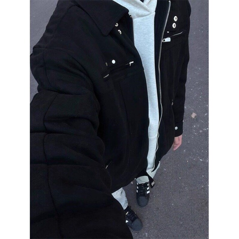 黑色麂皮绒外套男痞帅高级感ootd穿搭潮牌高街短款美式飞行员夹克,男装夹克,星座1008