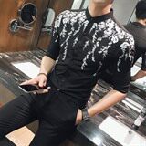 修身型印花青年夏季休闲常规青春流行2021年尖领潮七分袖简约衬衫，男装衬衫，星座419（原A233）