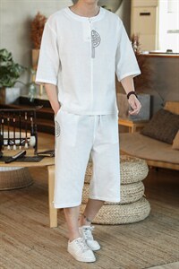 风夏款 盘扣刺绣休闲男士套装大码T恤7分裤七分袖潮 A822-P80图片