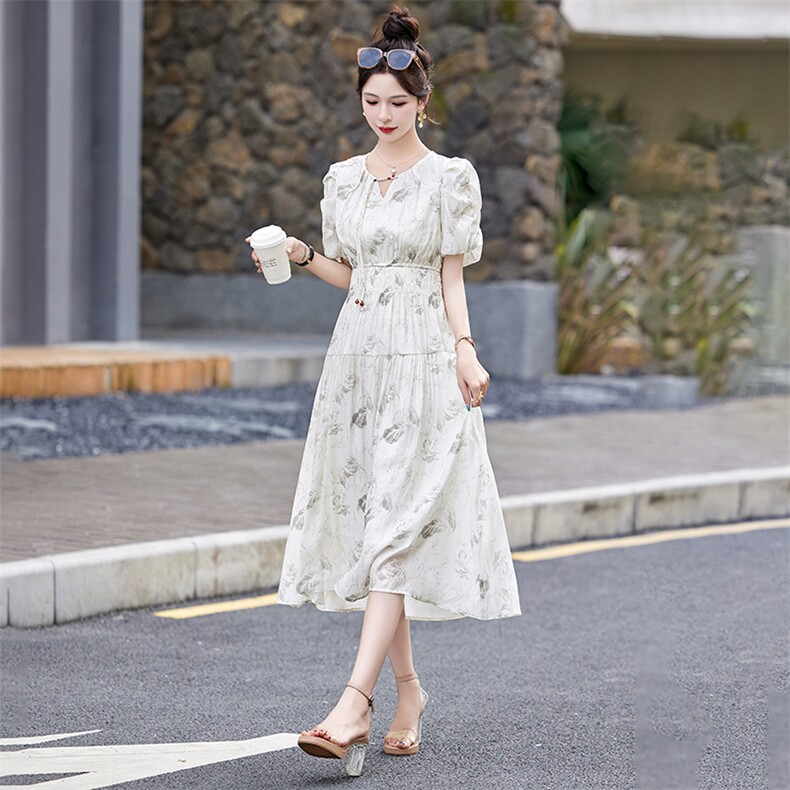 2024夏装新款收腰显瘦碎花雪纺连衣裙女夏中长款裙子仙女气质优雅,女装连衣裙,贵人树