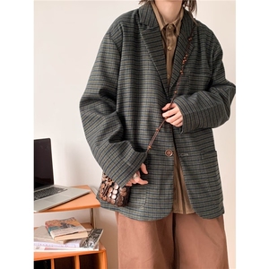 复古小清新细格纹西服男女春秋宽松休闲港风小西装外套X018-P60图片