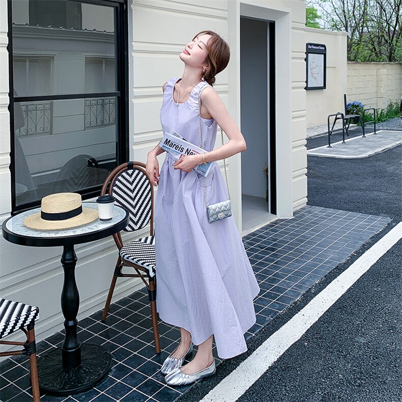 2025夏季法式无袖背心裙女两侧口袋设计韩系抽绳收腰气质淡人长裙,女装连衣裙,2C029