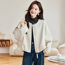 2026年春季宽松圆领方格夹棉短外套上衣，女装棉衣/棉服，简韵佳