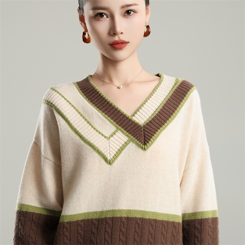 时尚女士双V领宽松羊毛衫百搭显瘦休闲针织毛衣,女装羊毛衫,奢优羊绒