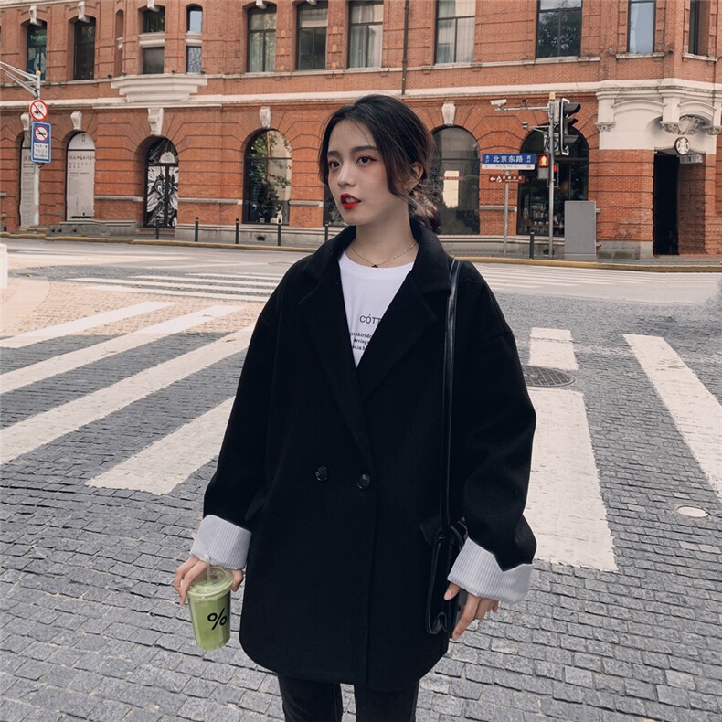 黑色西装毛呢外套女秋冬2022新款宽松休闲小个子加厚短款呢子大衣,女装毛呢外套,浙宝088