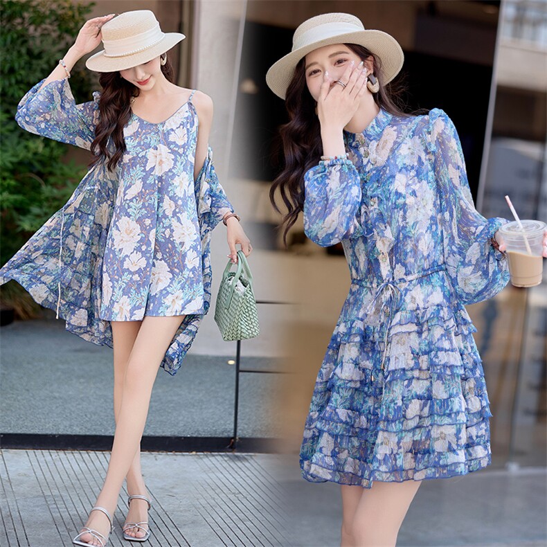 小个子薄款碎花雪纺连衣裙2025夏季新款独特漂亮掐腰巨好看的裙子,女装套装/套裙,众宇琦