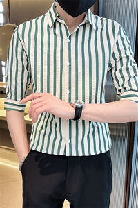夏季男士七分袖印花衬衫男休闲修身条纹衬衣A236-A41-P55图片