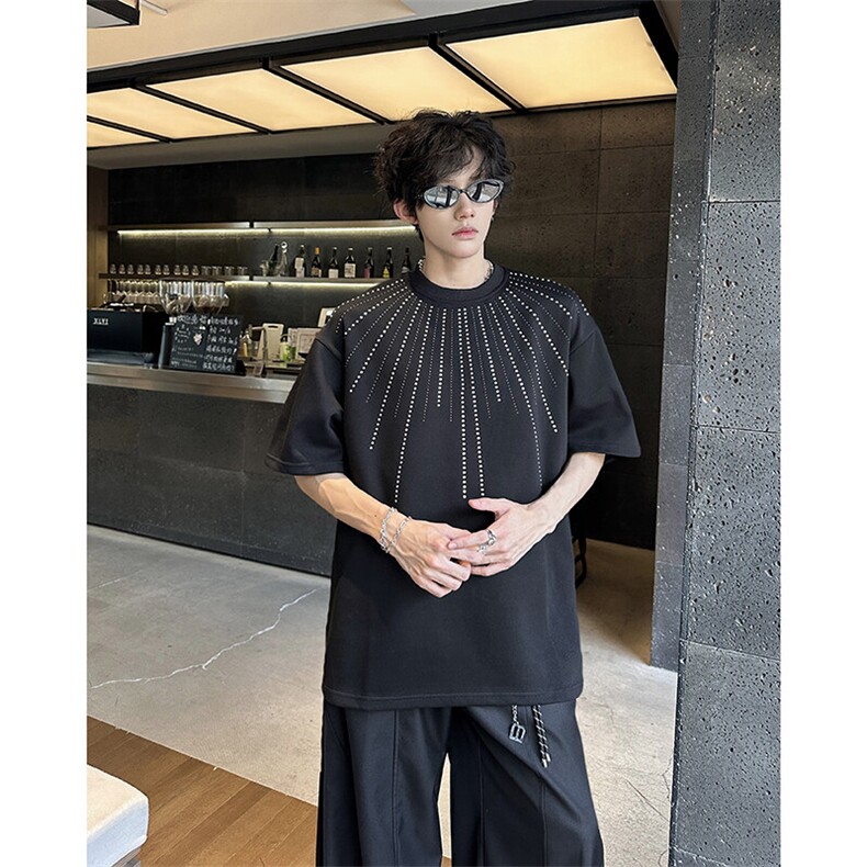 现货！25设计感烫钻男士垫肩烟花短袖T恤DX190-P58,男装T恤,电商B288