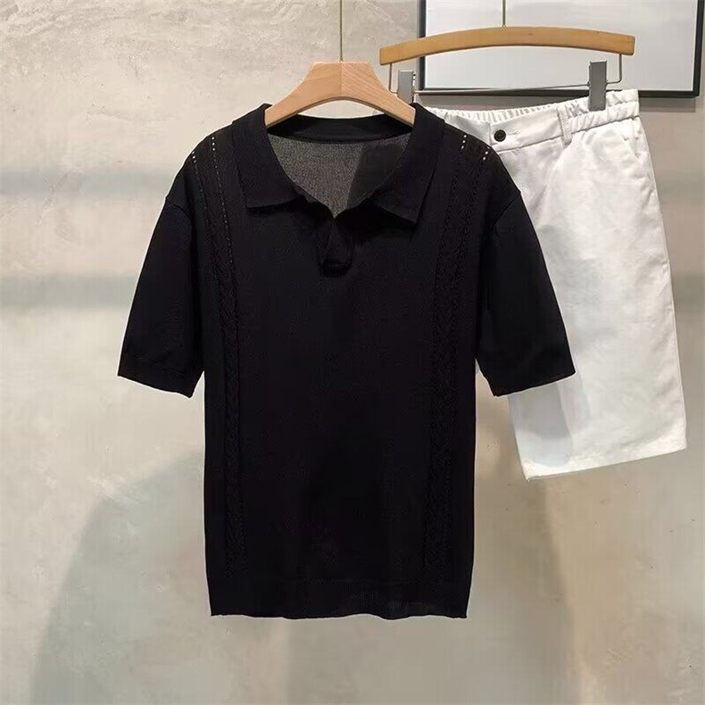 夏季清新纯色小V领针织polo衫男简约薄款透气短袖微阔上衣潮,男装T恤,星座1013