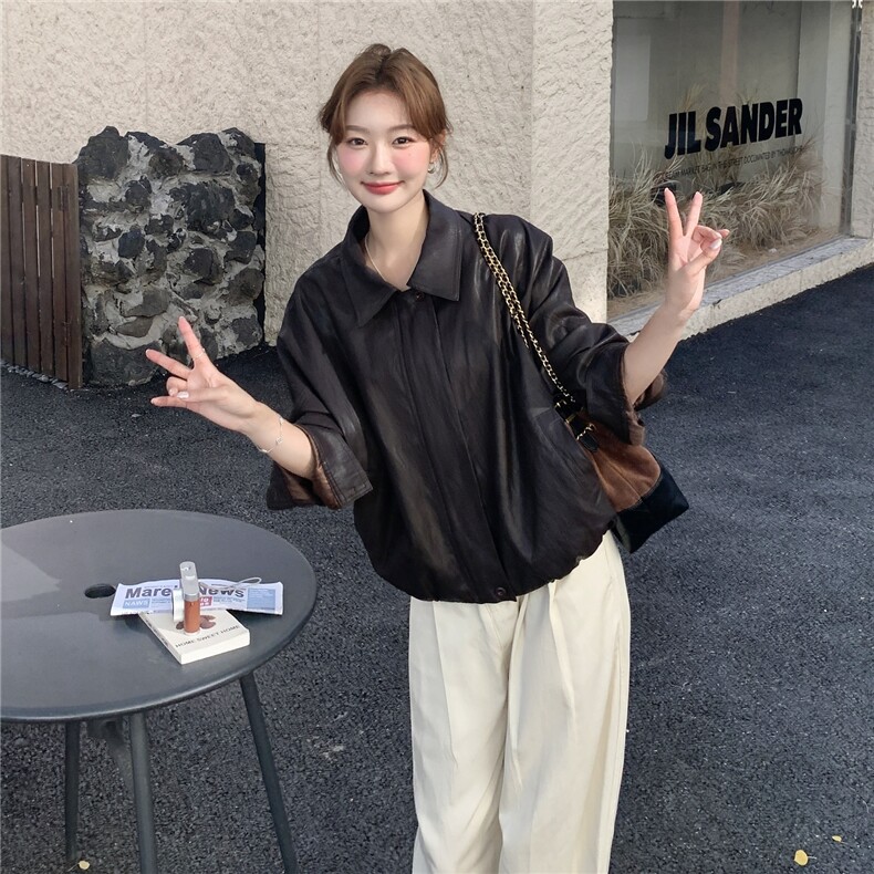 时尚高级感咖色翻领淡人皮衣女2025秋季慵懒风潮流复古pu夹克外套,女装皮衣,2C050