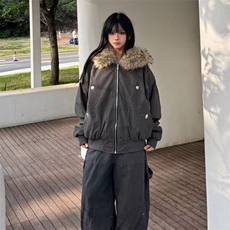 现货重磅boxy短款棉衣座山雕大毛毛领男女棉服水洗工装厚外套，男装棉衣，电商A486-1