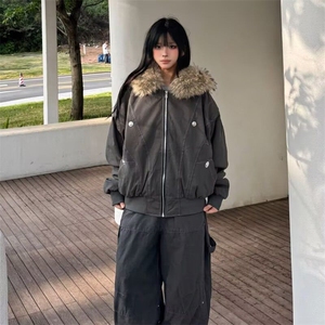 现货重磅boxy短款棉衣座山雕大毛毛领男女棉服水洗工装厚外套图片