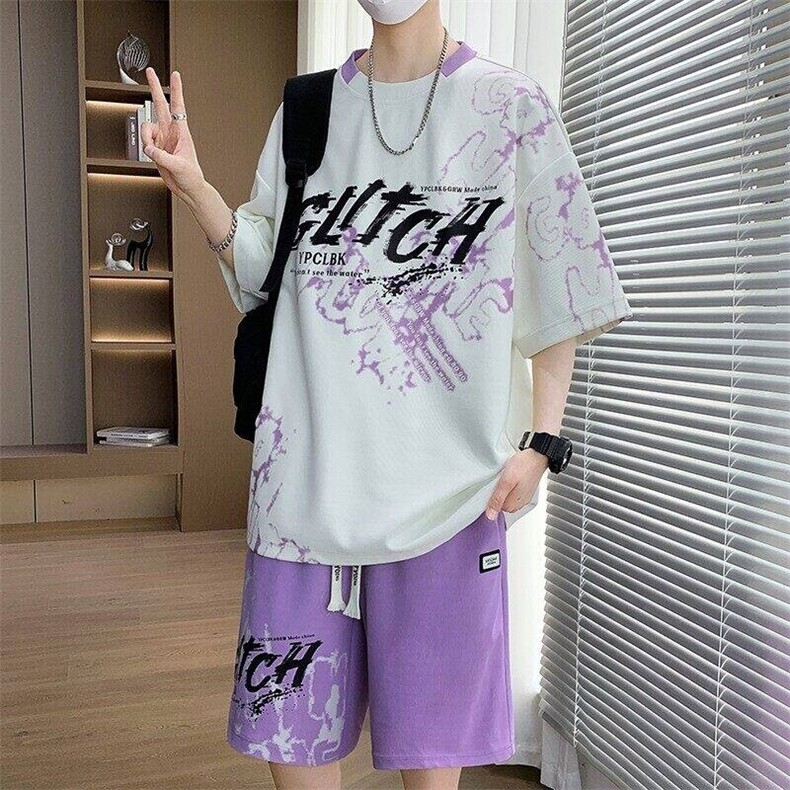 TZ25338-P55夏季休闲T恤短裤男两件套青少年学生运动短袖套装,男装牛仔裤,电商D310B
