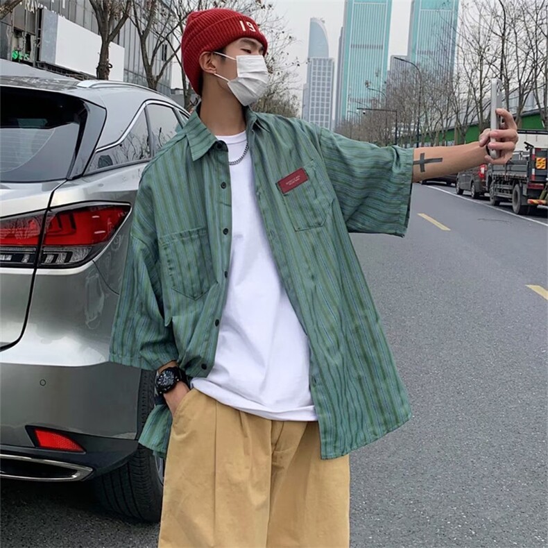 夏季美式复古日系潮流半袖设计感小众短袖条纹衬衫男女MC263-p33,男装衬衫,星座1008
