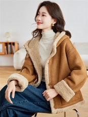 2025冬季时尚简约大方气质优雅显瘦休闲百搭潮流皮毛一体外套，女装羊羔毛/颗粒绒，独衣靓