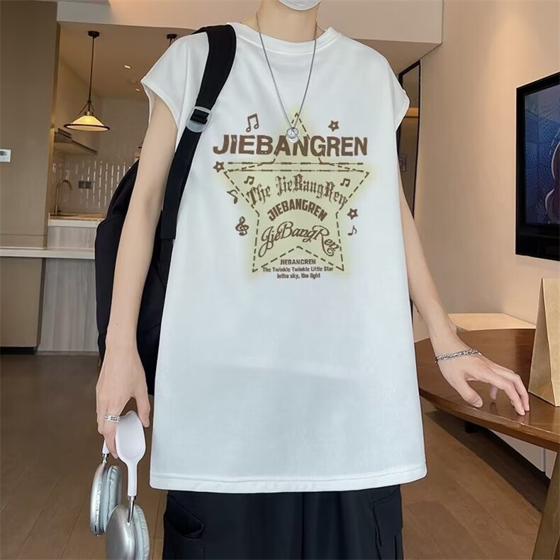 港风夏季印花无袖背心男汗衫男纯棉坎肩短袖T恤男T6629-P32图片