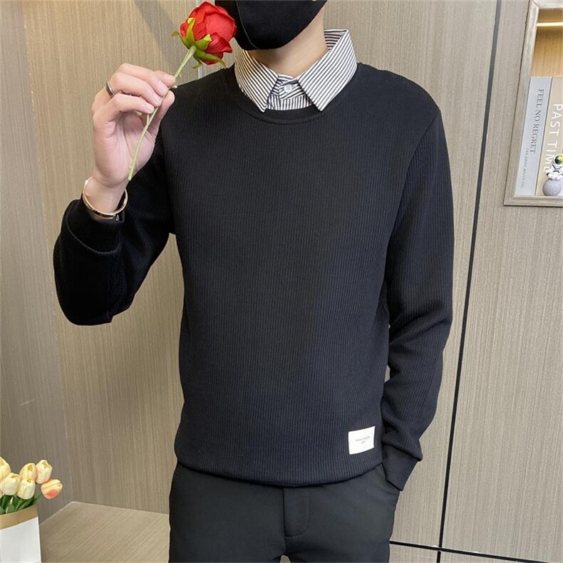 W3161-P78控108社会小伙假两件卫衣男春秋季修身潮流百搭衬衫领,男装衬衫,电商D310B-1