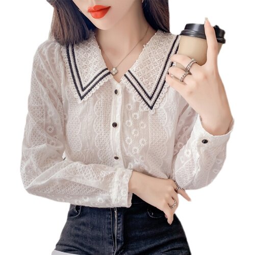 娃娃领雪纺衬衫女2021秋季新款潮洋气棉布绣花薄款长袖上衣女,女装衬衫,潮品会