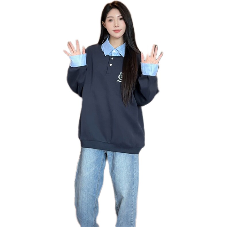 美式学院刺绣翻领假两件卫衣男女cp199-特p55,男装卫衣,电商B371