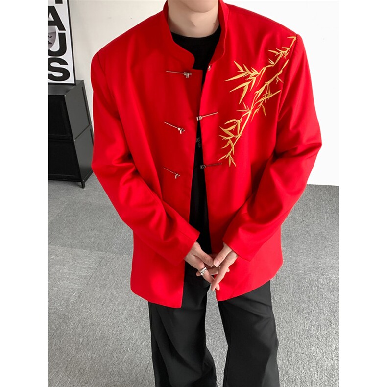 2026红色新中式拜年红色喜庆中山装西服结婚登记男女垫肩西装外套，男装西服套装，星座909