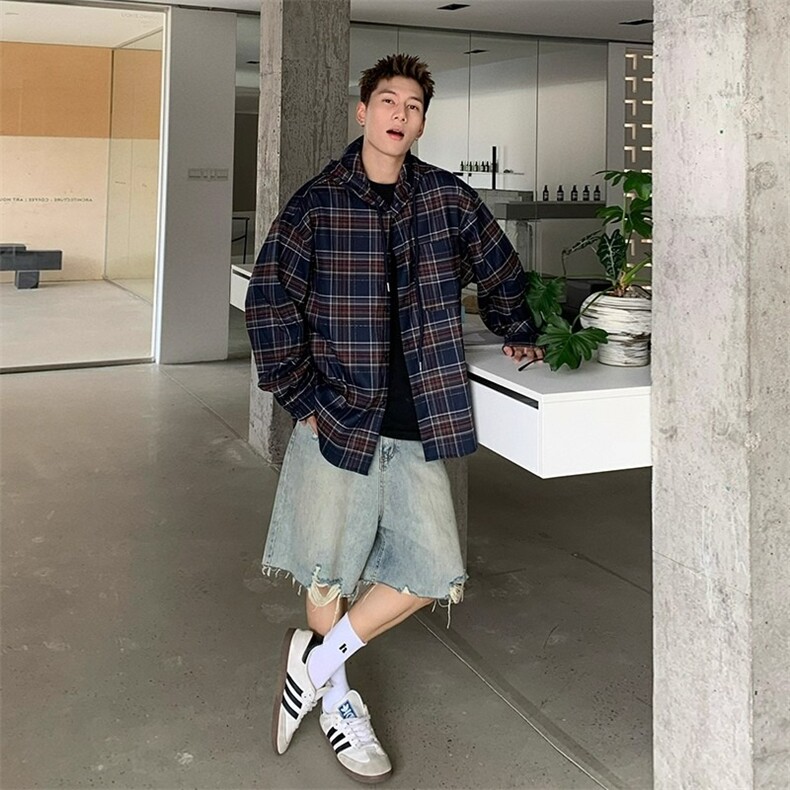 美式复古格子连帽衬衫男女长袖高级感衬衣休闲宽松慵懒外套上衣潮,男装衬衫,星座516A